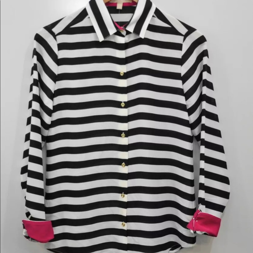 Small - Banana Republic Blouse, Black/White striped - gold pink